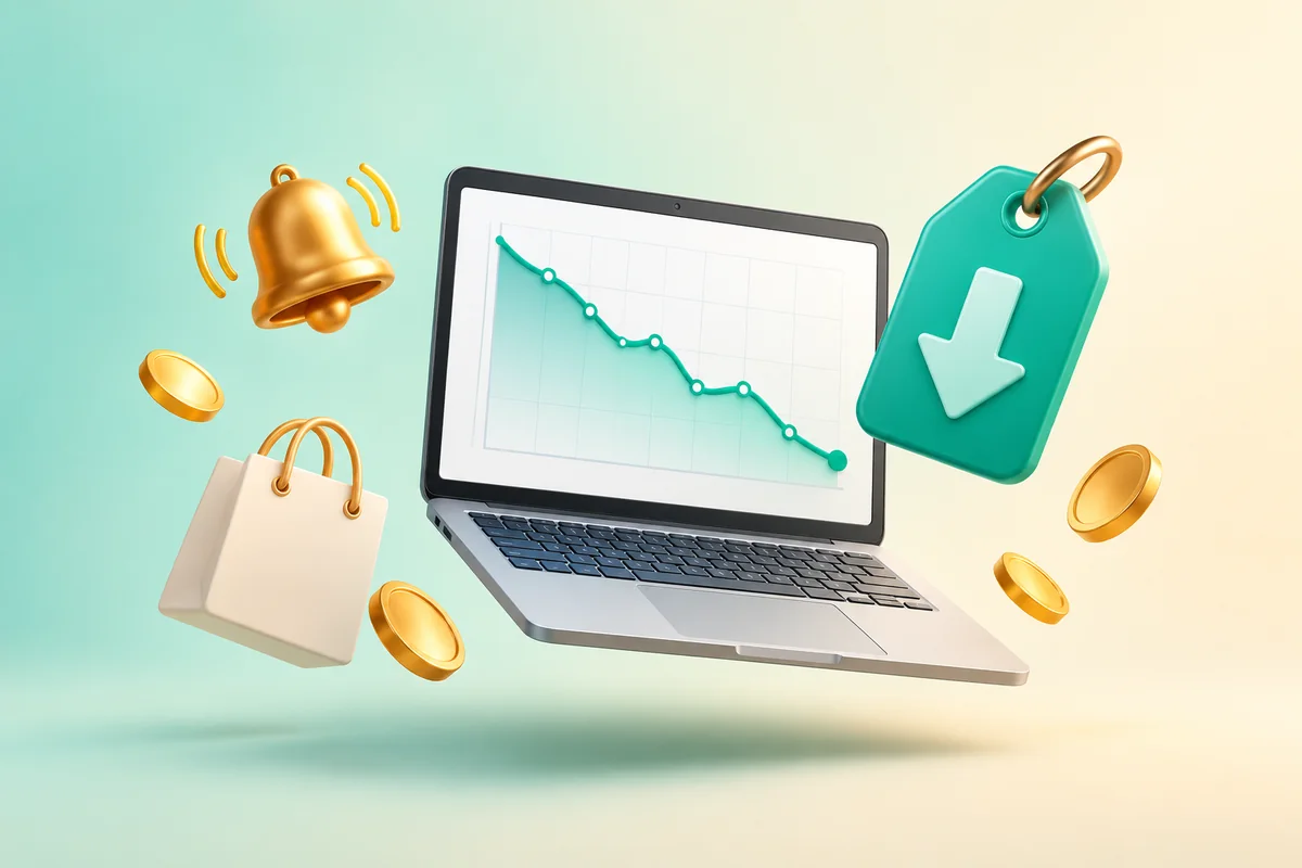 A laptop showing a falling price chart, with a price tag, a notification bell and coins